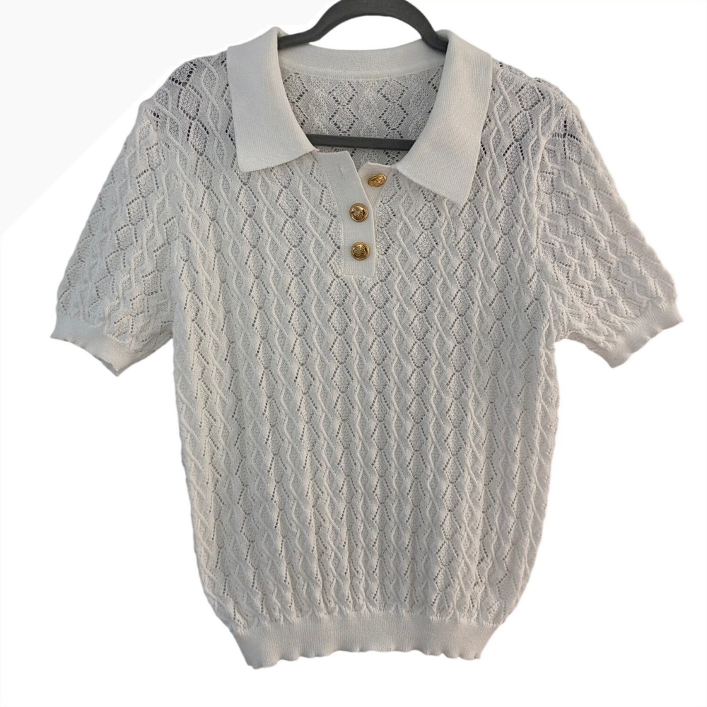 White Pointelle Knit Polo Sweater Short Sleeve Gold Crest Button Top Large